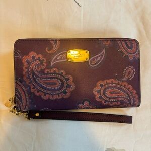 NWT Michael Kors Purple Paisley Wristlet with Gold Accents